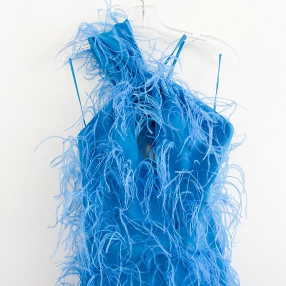 Cult Gaia Eliana Cutout One-Shoulder Feather Mini Dress Lake Blue - Picture 4 of 14